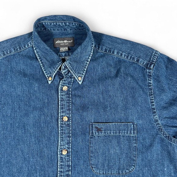 Vintage Eddie Bauer Shirt Adult EXTRA LARGE Blue Denim Jean Dark Wash 90s - Picture 2 of 9